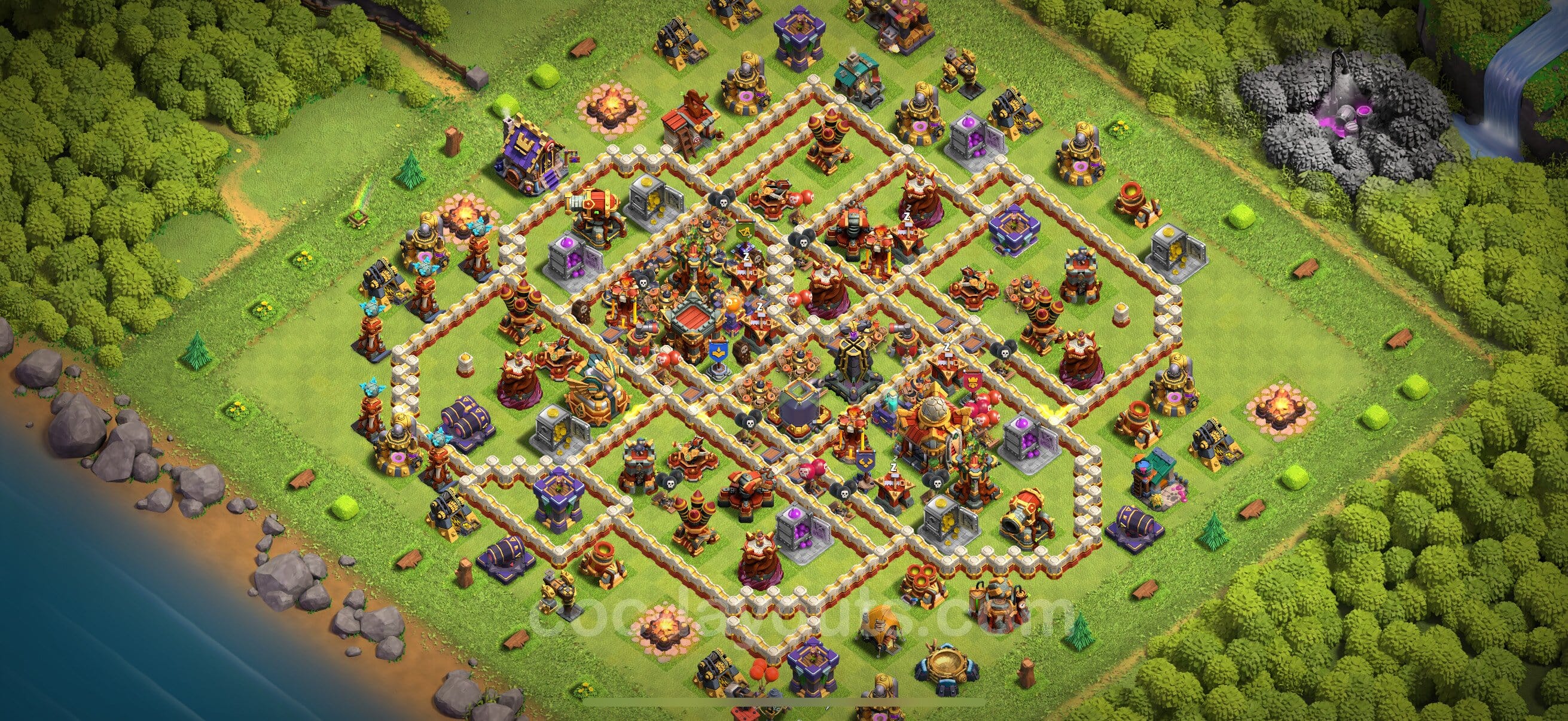 TH16 Trophy Layout 4 - base layout with copy link for Clash of Clans 2026