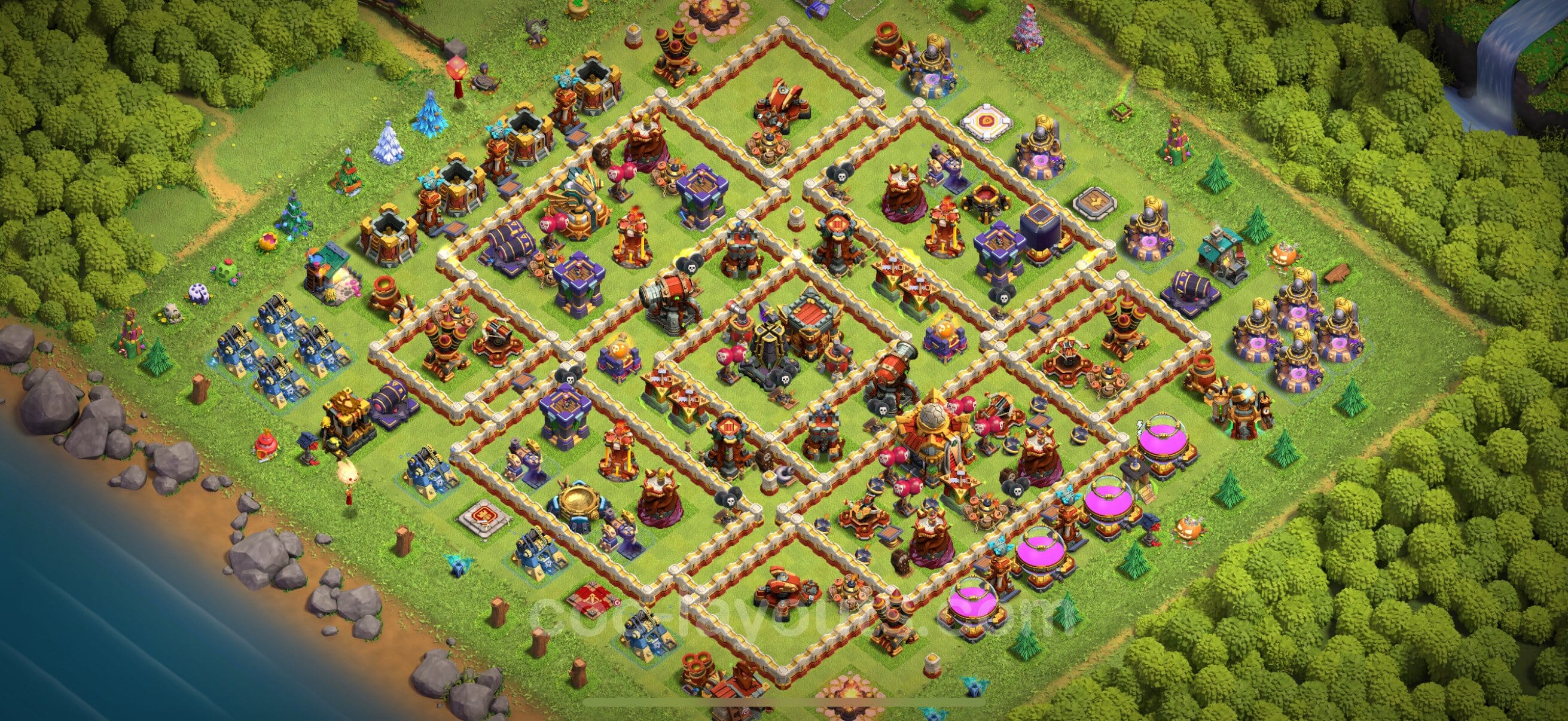 TH16 Trophy Layout 18 - base layout with copy link for Clash of Clans 2026
