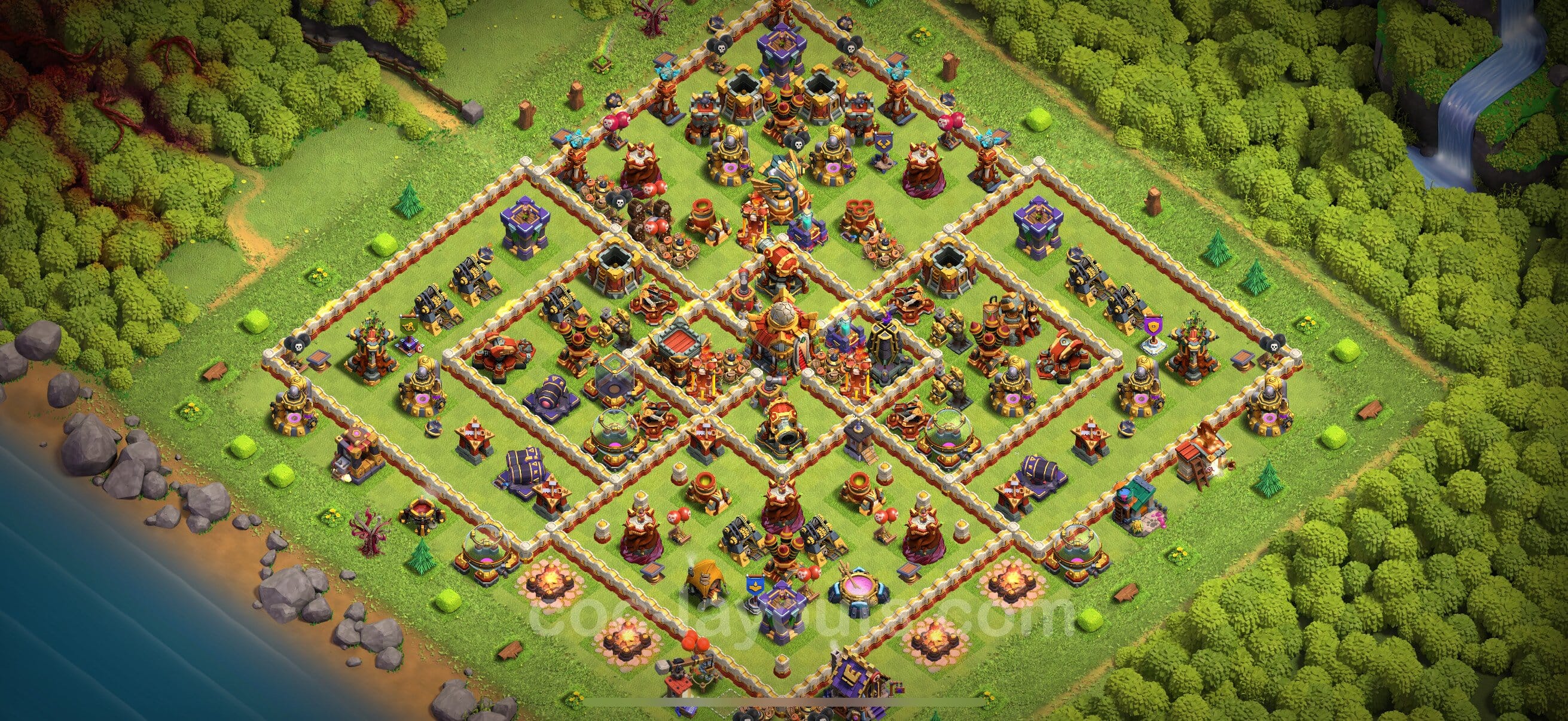 TH16 Trophy Layout 22 - base layout with copy link for Clash of Clans 2026