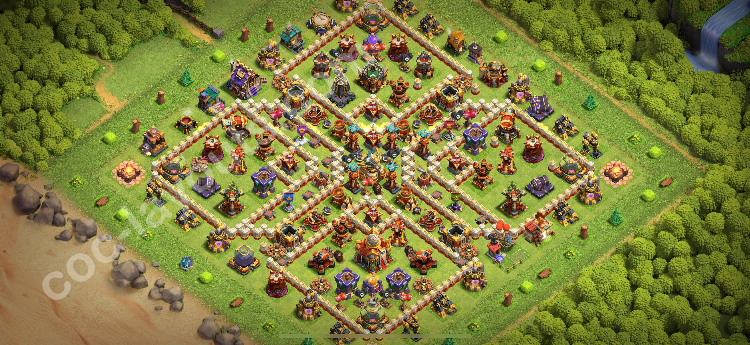 TH16 Trophy Layout 24 - base layout with copy link for Clash of Clans 2026